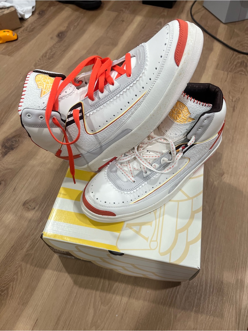 Jordan 2 Men’s White and Orange High-Top Sneakers “Maison Château Rouge” Size 12